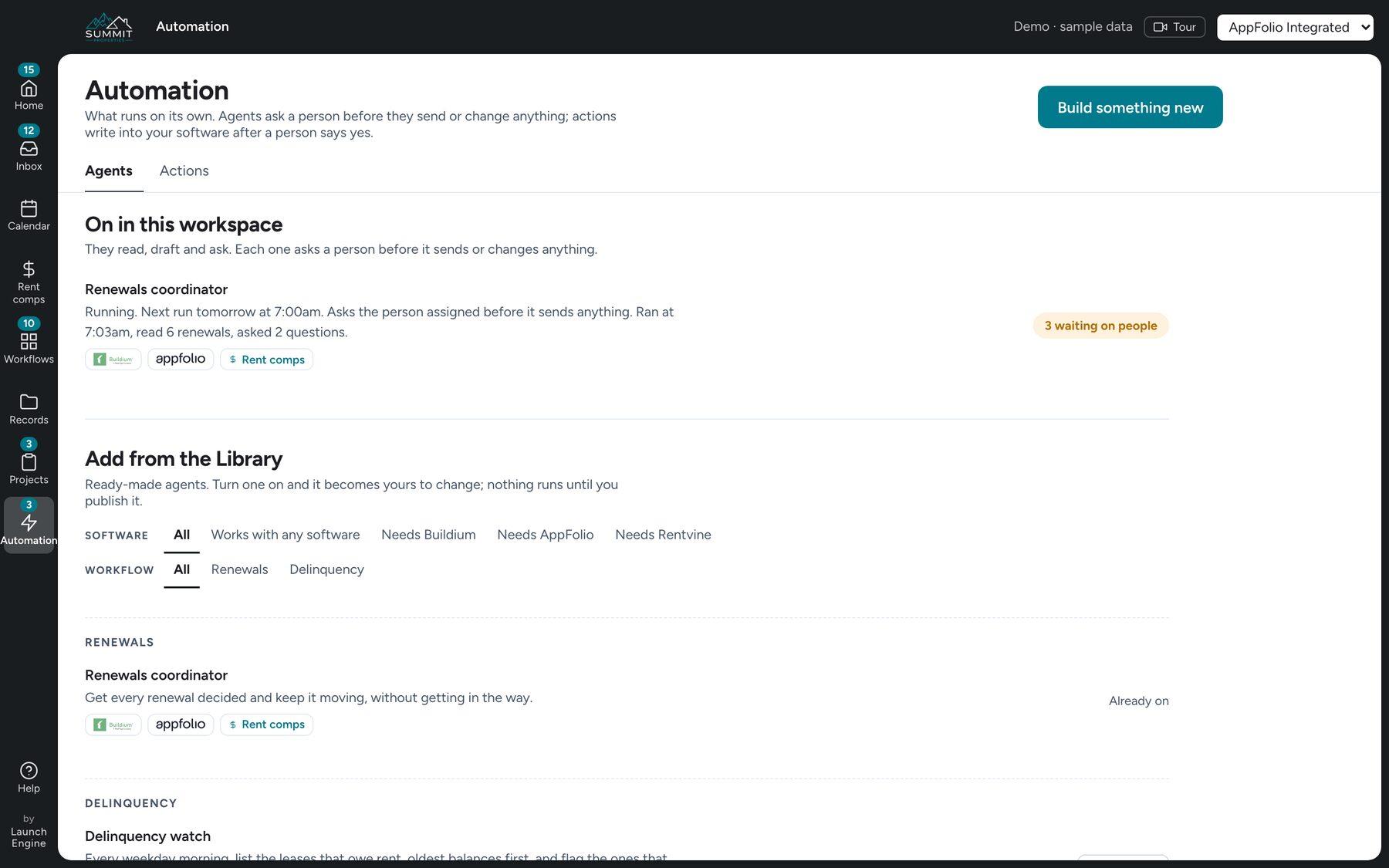 Automation page: the renewals coordinator running, three questions waiting on people, and the agent library