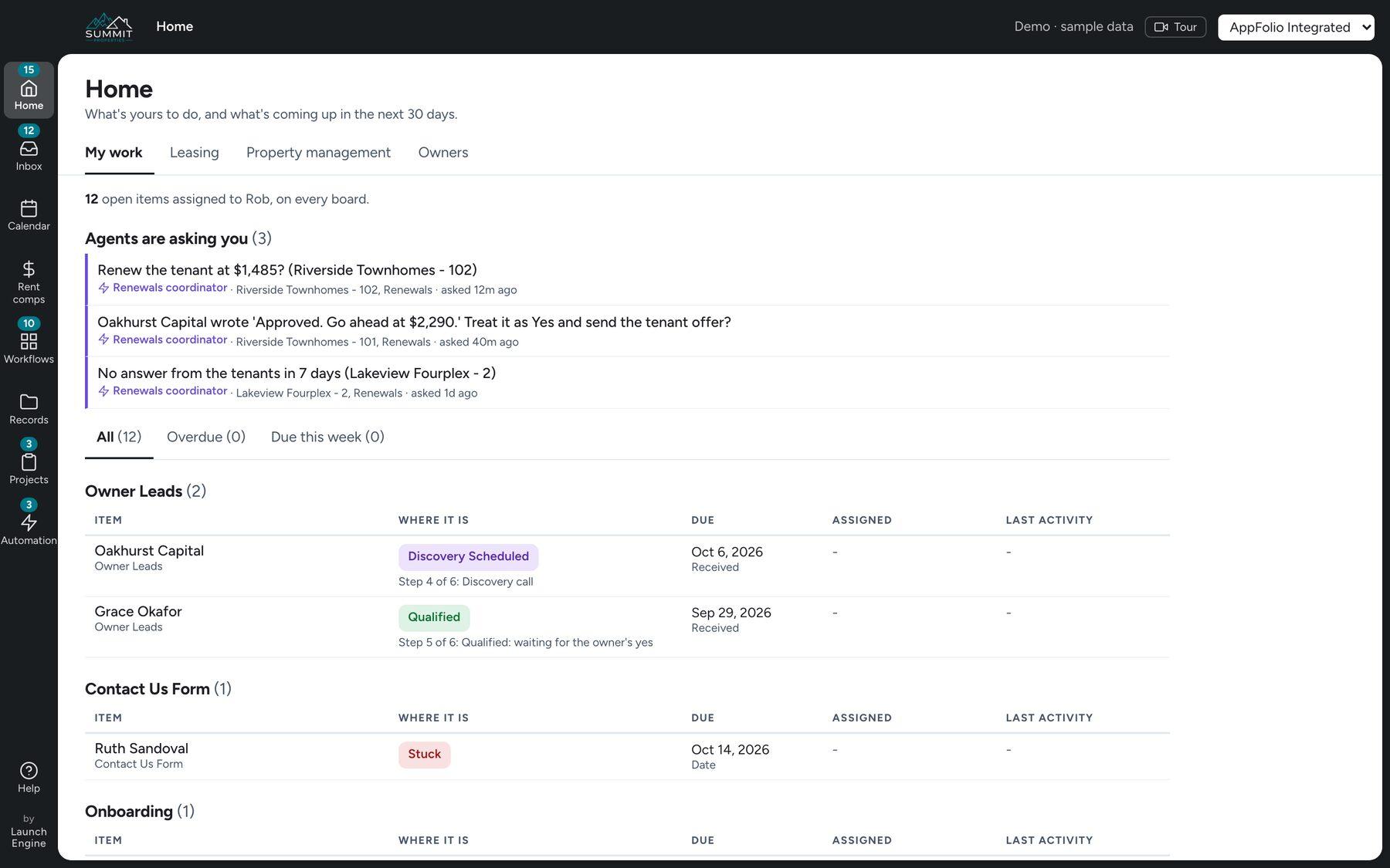 Mission Control Home: agents asking three questions, then owner leads and onboarding assigned to the person