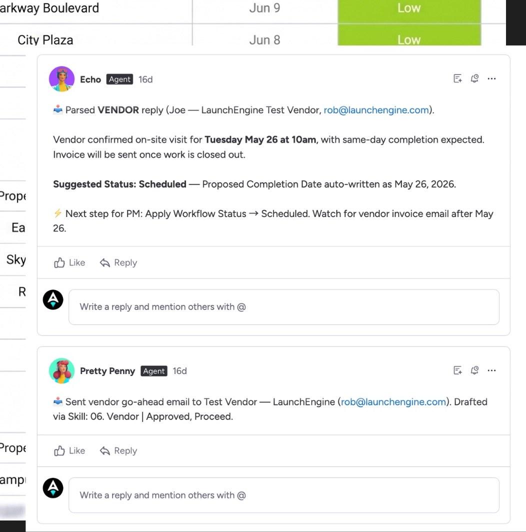 AI agents Echo and Pretty Penny handling vendor coordination inside the workspace