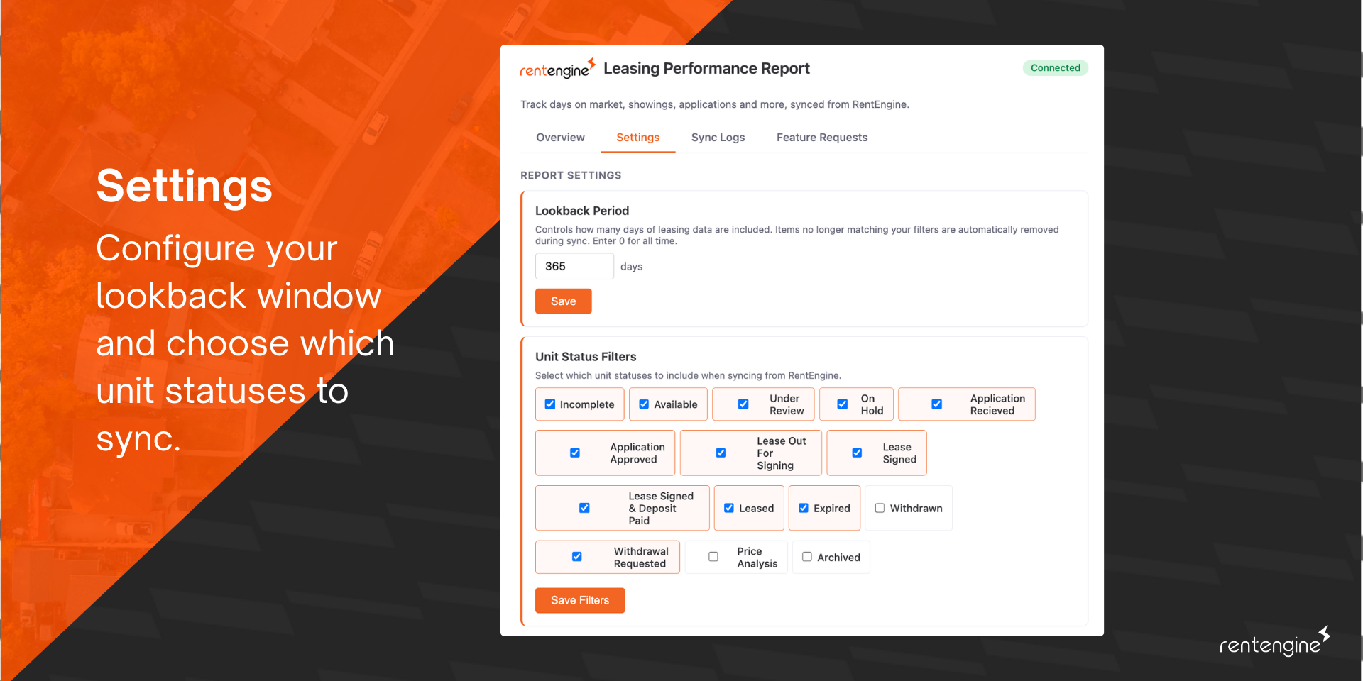 RentEngine settings with lookback period and unit status filters