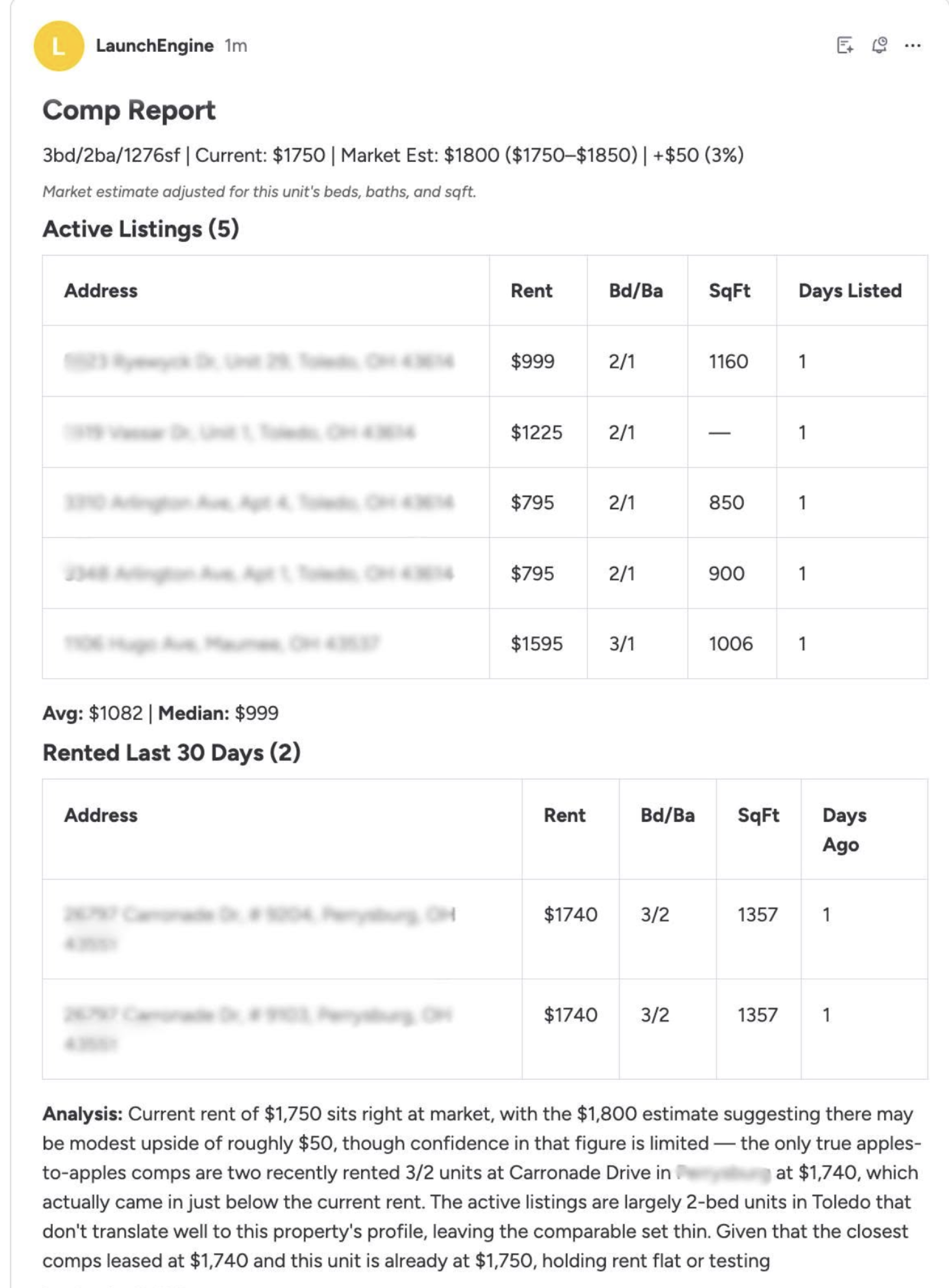 AI comp report with active listings, recent rentals, and a market rent recommendation