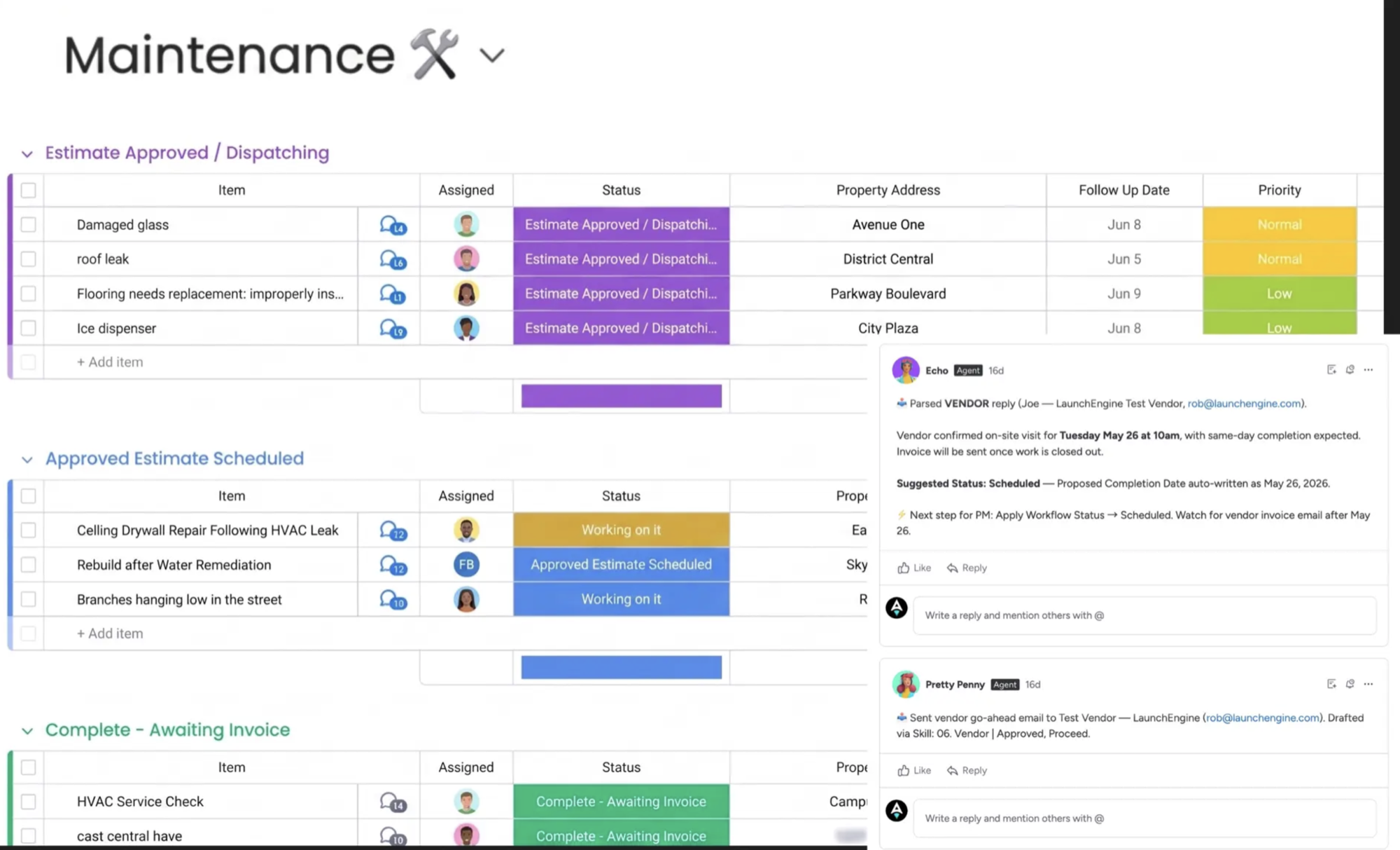 AI-assisted maintenance board with work orders moving through dispatch, scheduling, and invoicing, and AI agents parsing vendor replies and sending go-ahead emails