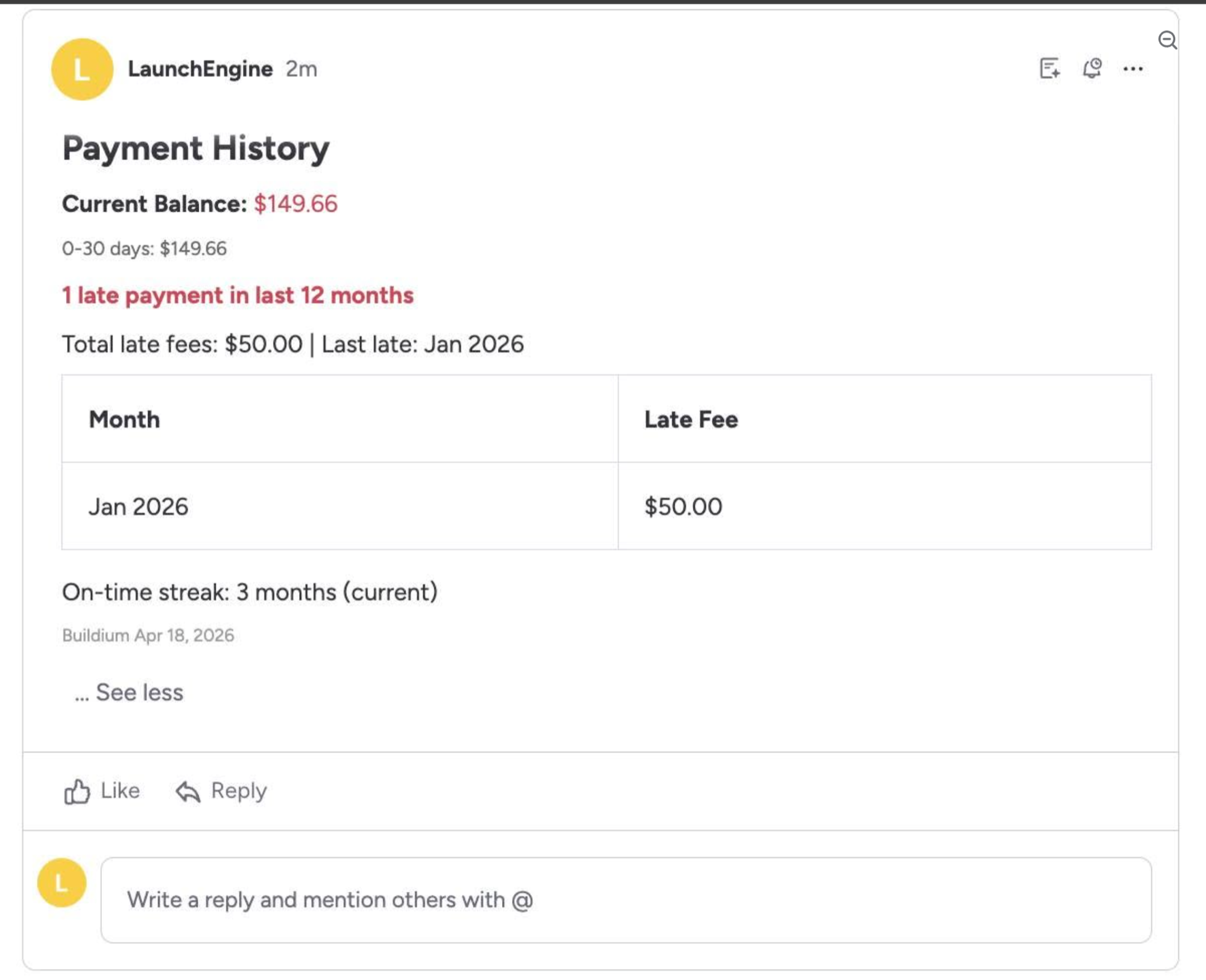 AI-generated tenant payment history summary with balance, late payments, and on-time streak