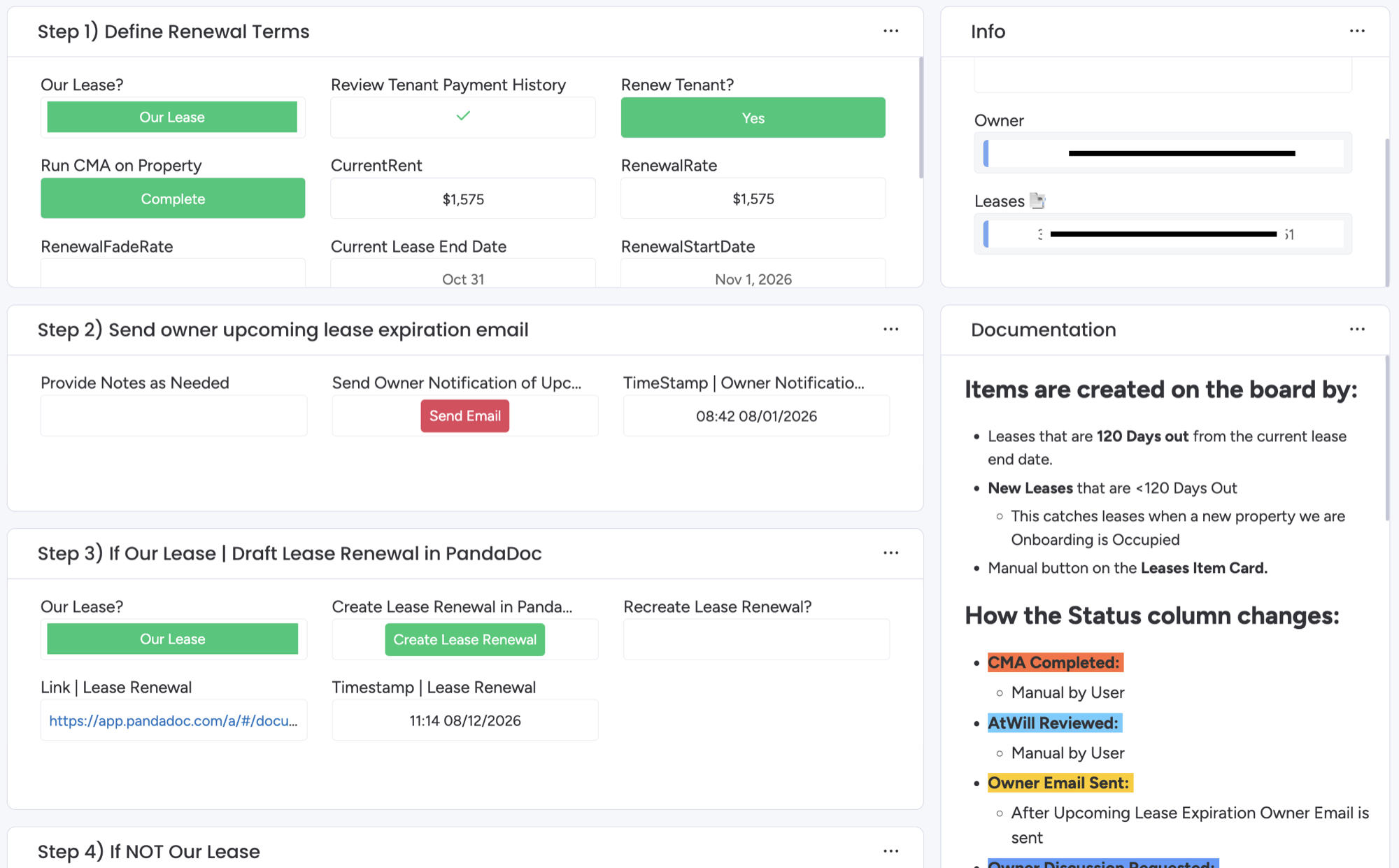 Renewal workflow item view with step-by-step renewal terms, owner emails, and PandaDoc lease drafting