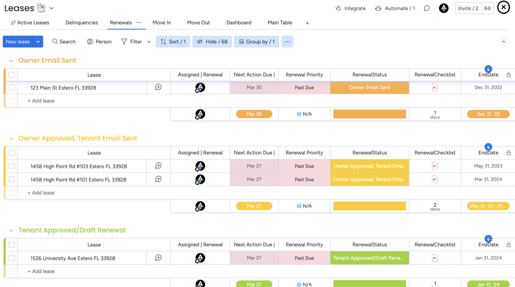 monday.com leases board with renewals grouped by status, synced from Buildium
