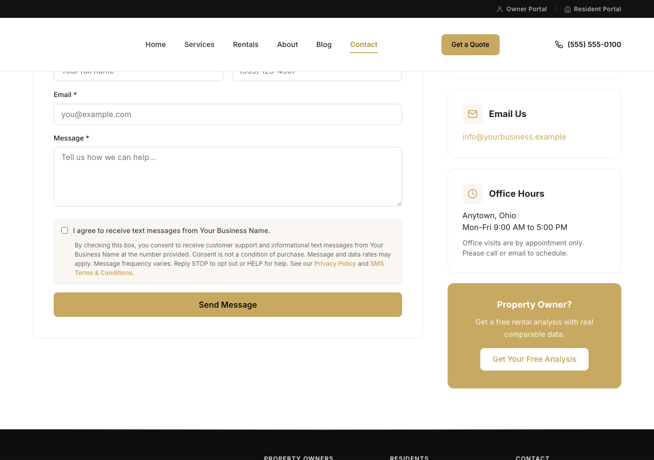Contact form with an unchecked SMS consent checkbox and full disclosure block