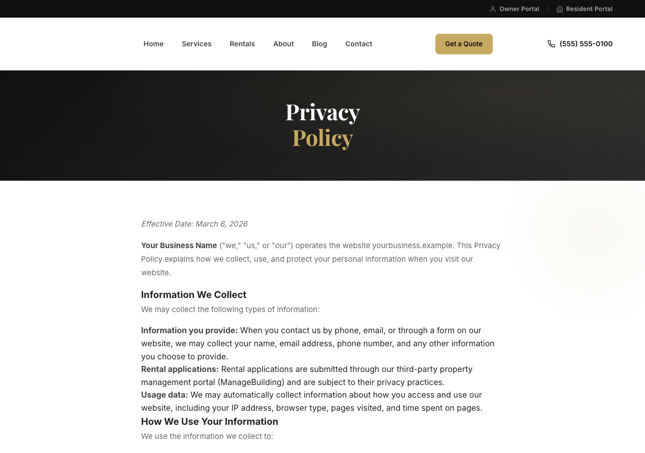 Privacy policy page showing an SMS/Text Messaging Privacy section on a property management website