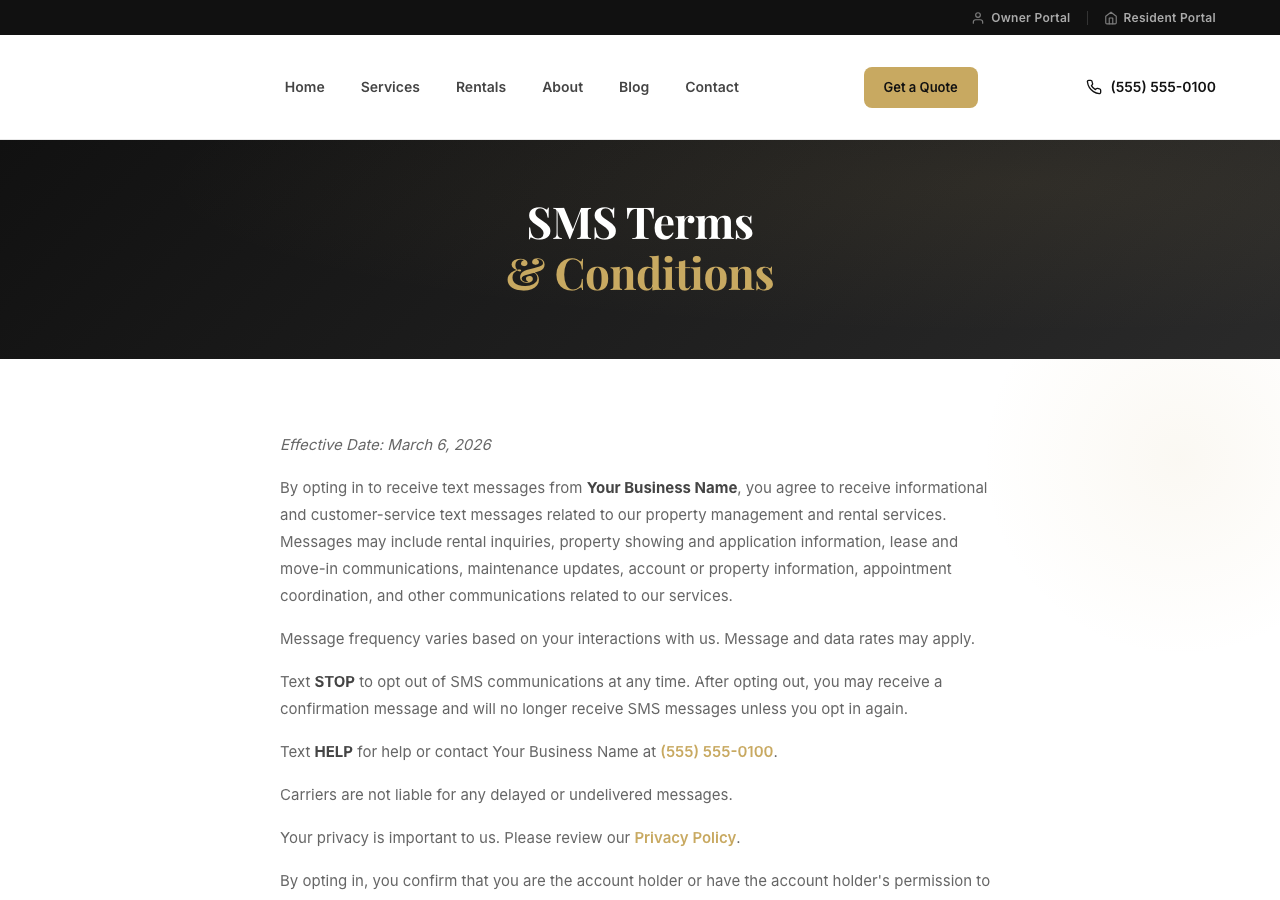 Standalone SMS terms and conditions page on a property management website