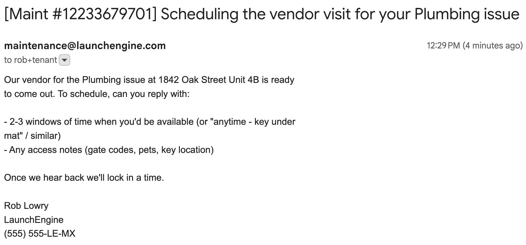 Resident scheduling email drafted by the agent and sent to Sarah Mitchell, asking for availability windows and access notes for the plumbing visit at 1842 Oak Street Unit 4B.