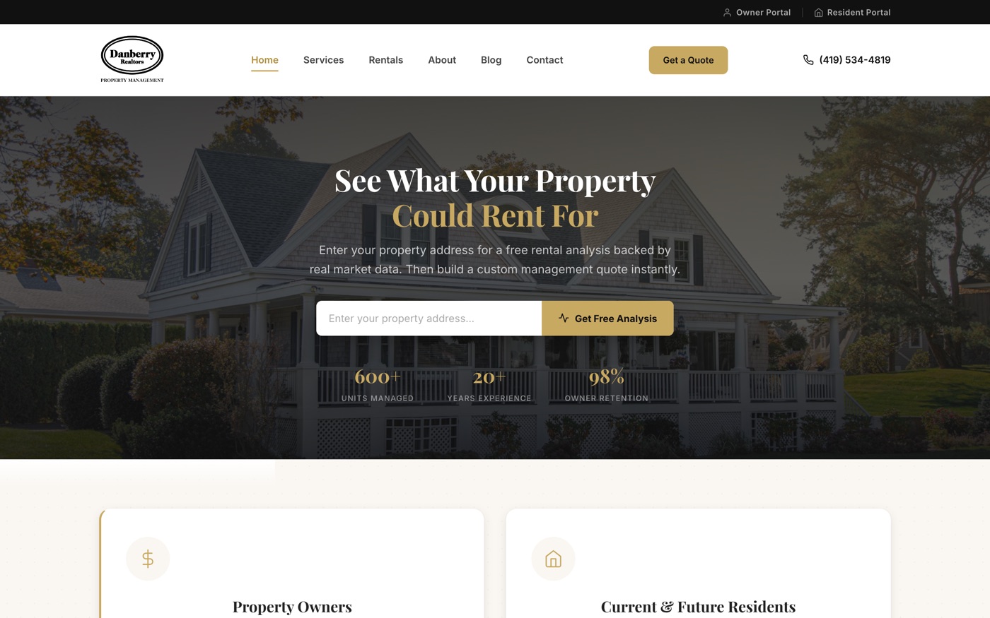 Property management website build with a light brand system and rental analysis capture