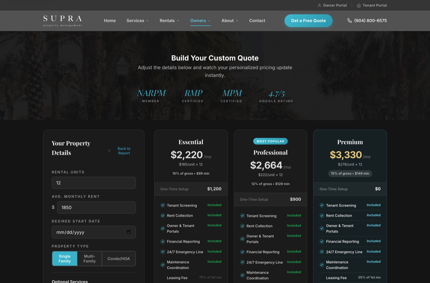 Interactive management quote builder with live tier pricing on a property management website
